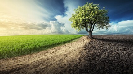 Environmental issues, climate change, deforestation, degradation of natural resources, and marine pollution. Single Tree on Divided Field: Lush Green and Dry Brown Soil Under Dramatic Sky