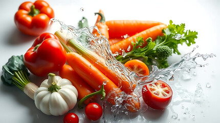 Fresh vegetables water splash on isolated background, created by generative ai