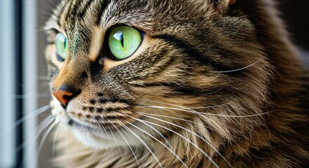 A Close-up Image of a Nebelung Cat's Face, Focusing on Its Expressive Green Eyes and the Delicate Details of Its Fur_