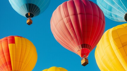 Obraz premium Group of colorful hot air balloons flying in the sky. there are six balloons in total, with the largest one in the center being a bright pink color.
