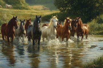 Group of horses galloping through a river, nature scene