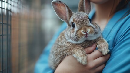 Naklejka premium Cute Brown Rabbit Held Gently in Arms of Child in Blue Outfit
