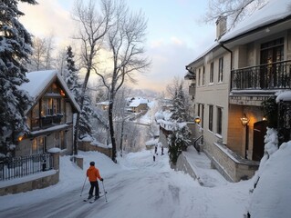 Skiing down a snow-covered village street at dusk with a vibrant orange jacket as the sun begins to set