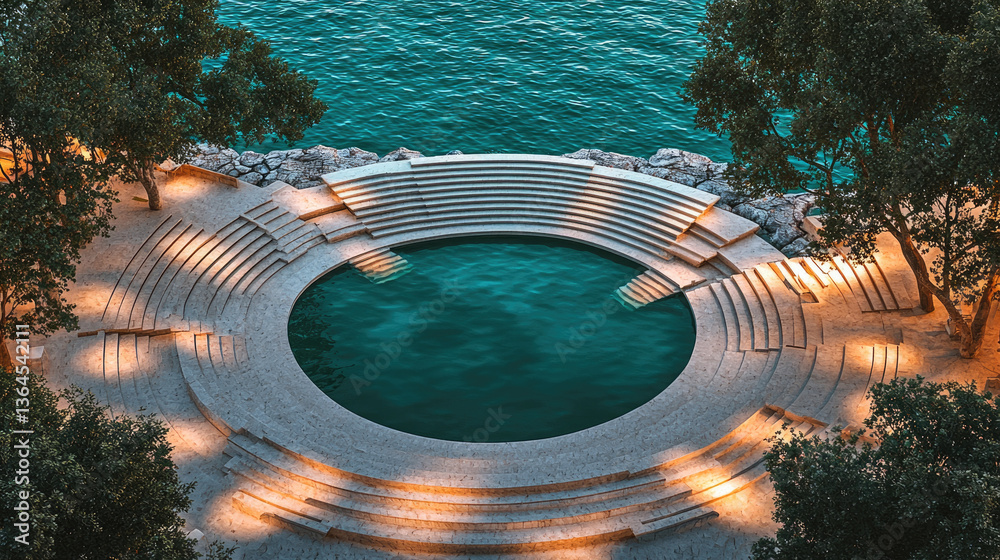 Poster serene circular stage design by water, surrounded by trees and illuminated by soft lights, creates tranquil atmosphere for gatherings or performances