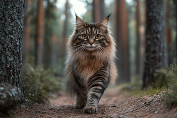 Obraz premium A long haired cat explores the forest floor