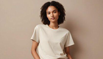 Obraz premium A woman model in a neutral-colored plain t-shirt, with a confident yet relaxed pose, set against a minimalistic backdrop