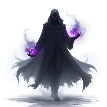 Um misterioso e sinistro mago das trevas com uma longa capa esvoa&ccedil;ante, olhos p&uacute;rpura brilhantes e runas m&aacute;gicas a brilhar nas suas m&atilde;os. Ele flutua ligeiramente acima do ch&atilde;o, conjurando um feiti&ccedil;o d