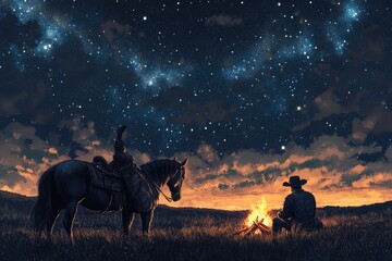 A person rides a horse next to a campfire, great for outdoor or wilderness scenes