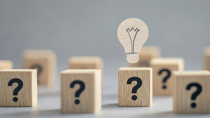 Question Marks on Wooden Blocks with an Idea Lightbulb Standing Out, Concept of Solution, Creativity, and Innovation