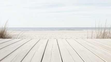 Wooden boardwalk leading to a beach. the boardwalk is made of light-colored wood planks and is empty. the beach is sandy and the ocean is visible in the background.