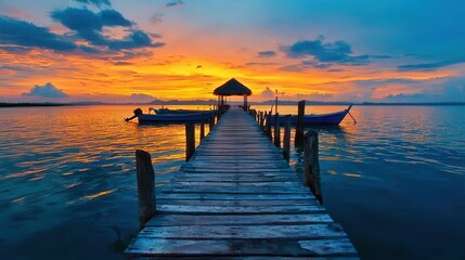 Obraz premium Serene Sunset over Calm Ocean Waters Wooden Pier Boats Tropical Paradise