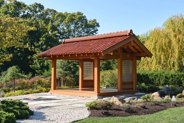 Obraz premium A gazebo situated in a beautiful garden, perfect for relaxation or as a focal point