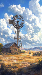 A deserted outpost with a single windmill turning in the breeze