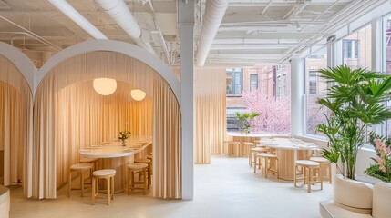 Chic cafe interior, arched booths, city view, minimalist design