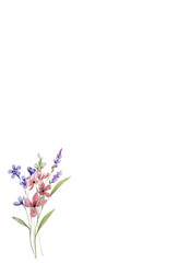 Watercolor wild flowers, floral frame border for greeting card, invitation and other printing design. Isolated on white. Hand drawing.