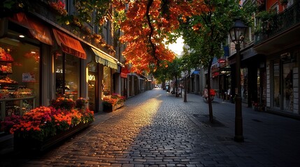 Fototapeta premium Cobblestone street at sunrise autumn leaves shops and flowers Charming European city street scene