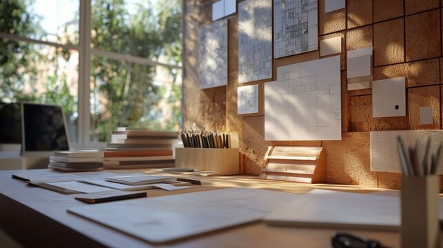 interior design. Architectural materials, measuring tools and blueprints. 3d