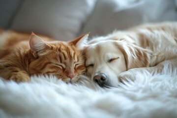 Cozy Companions: A heartwarming scene of a ginger cat and a golden retriever dog, curled up together in a moment of peaceful slumber on a plush, textured surface.