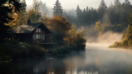 Fototapeta premium A cozy cabin situated near a serene lake, surrounded by lush greenery