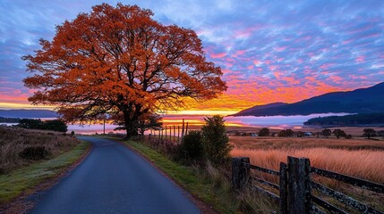 Scenic Autumn Road at Sunrise with Vibrant Colors and a Majestic Tree