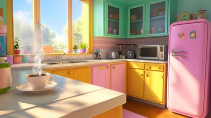 Vibrant, sunny kitchen with coffee