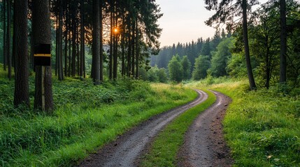 Fototapeta premium Serene Sunset View of Winding Forest Road Path at Golden Hour Peaceful Nature Trail Scene