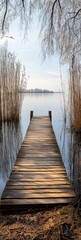 Obraz premium A wooden dock extends into the calm water, suitable for relaxation or fishing