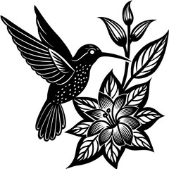 Obraz premium A beautifully detailed black-and-white line art illustration of a hummingbird in mid-flight