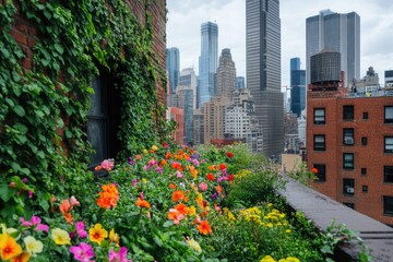 Panoramic view of city skyline from rooftop garden, great for architecture or urban themes