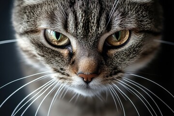 Close-up shot of a cat's face with bright green eyes