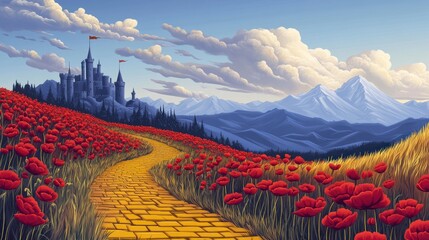 A fantastical yellow brick road winding through a field of vibrant poppies, leading to a majestic castle nestled amongst rolling hills and mountains