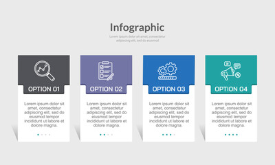 4 process or option infographic element design template. Strategy, Information, Plan, Report and Presentation. Vector illustration.