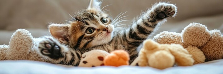 Obraz premium Adorable kitten playing with soft toys on a cozy bed, ideal for home decor or pet-related designs
