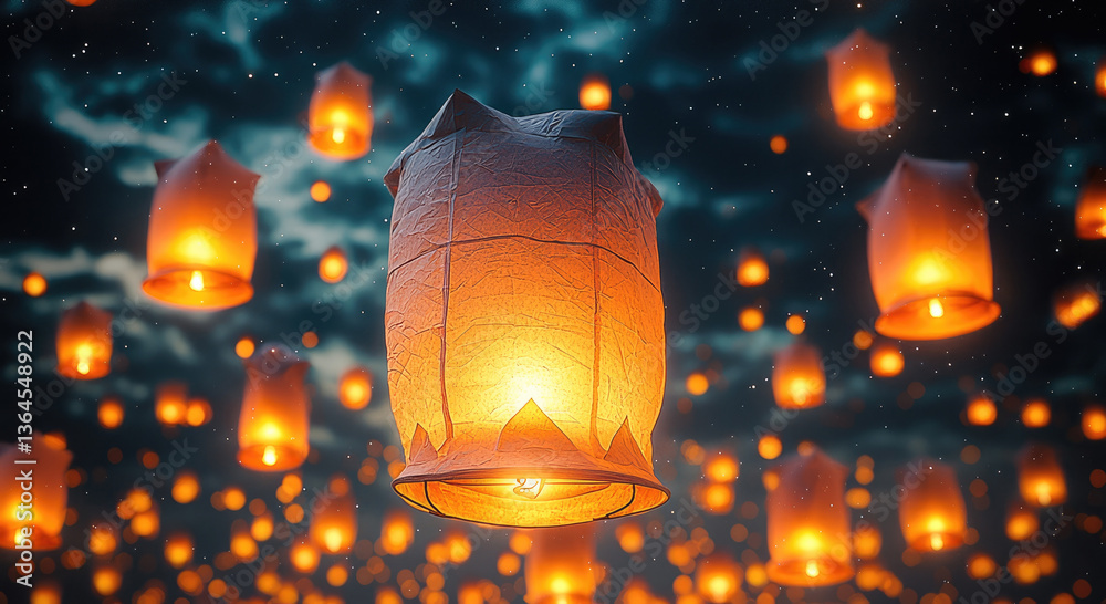 Poster Floating lanterns illuminate night sky, creating magical atmosphere filled with warmth and wonder. soft glow of each lantern adds to enchanting scene