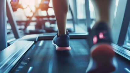 A person using a smart treadmill to track running progress, fitness center with digital display showing heart rate, calories burned