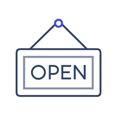 Open sign hanging on rope in flat outline style