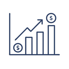 Growing sales bar chart icon with dollar signs in flat line style