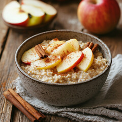 A bowl of oatmeal topped with apple slices and cinnamon sticks on a wooden table with apples around