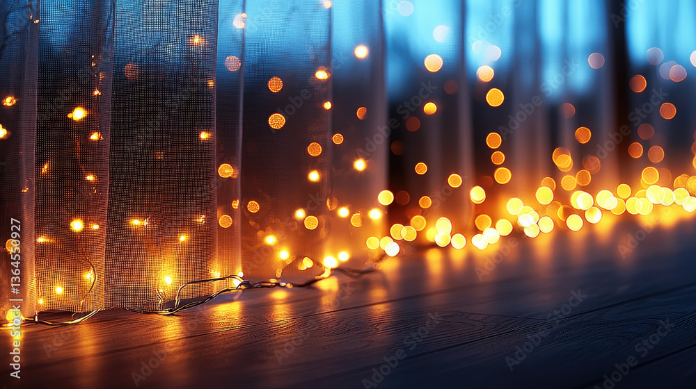 Poster soft glowing lights illuminate cozy space, creating warm and inviting atmosphere. delicate curtain a