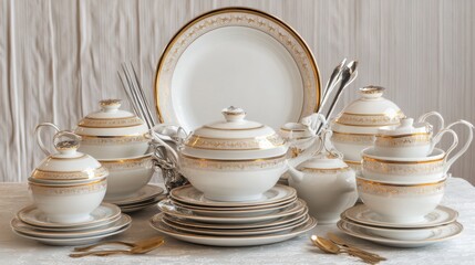 Elegant porcelain dinnerware set with gold trim on white background