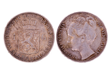 1 guilder Wilhelmina 1905 Dutch coin, suitable for historical websites, numismatic articles, educational materials, and design projects needing vintage elements.