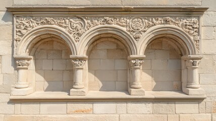 Obraz premium Intricate Stone Carvings Adorn Arched Recesses in Beige Stone Wall