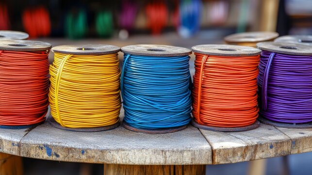 Wire electric cable of different colors on wooden coil or spool isolated on white background. 3d illustration