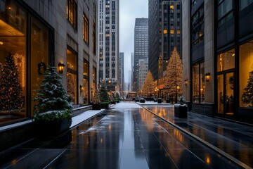A New York-style Christmas scene with a decorated ice rink and twinkling holiday lights reflecting on the ice