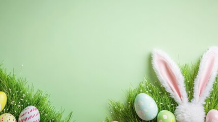 Easter Banner with Bunny Ears and Speckled Eggs on Pastel Green Background