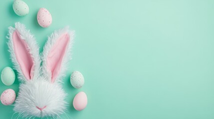 Easter Banner with Bunny Ears and Speckled Eggs on Pastel Green Background
