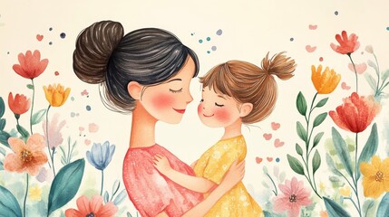 Set of Mothers Day card with cute  trendy watercolor illustrations of mom and daughter, bouquet of spring flowers, modern typography and holiday wishes. Mothers day templates for poster, cover, banner