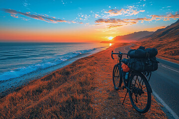 Fototapeta premium A bicycle parked by a coastal road