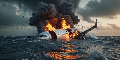 Obraz premium A plane crashing into ocean waters engulfed in flames dramatically.