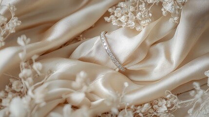 Fototapeta premium Elegant Diamond Bracelet on Beige Silk Fabric with Delicate Flowers